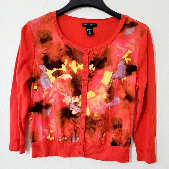 NEW YORK & CO Size Medium 100% Cotton Short Cardigan Sweater 3/4 Sleeve Adorable - Picture 1 of 10